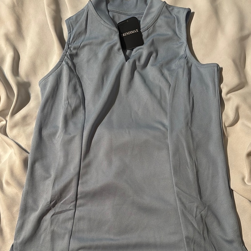 Blue Fitted Sleeveless Tank Top with Mandarin Collar